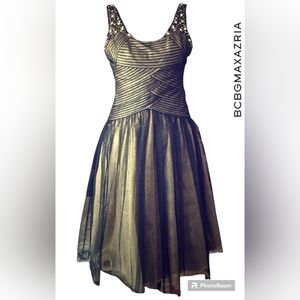 BCBGMaxAzria Black Gold Crystals Cocktail Evening Party Prom Dress Midi Luxury